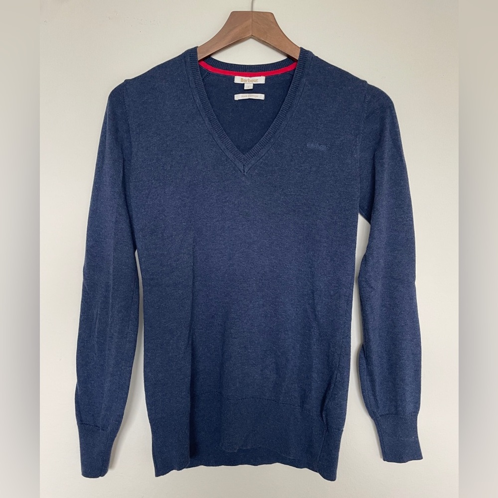 BARBOR 🇬🇧 Pima Cotton V-Neck Cardigan Sweater in Color Indigo, Size 8